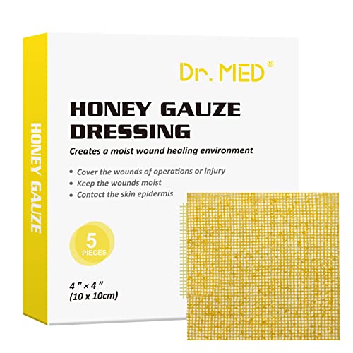 Dr. Med Manuka Honey Gauze Dressing 4" x 4", (5 PCS/Box) Honey Medical Bandage Wound Care Patch for Minor Abrasions, Cuts, Lacerations, Scald and Burns for Wound Healing, Chemical and Drug Free Manuka Honey Gauze 4" x 4" - 5 Pcs/Box