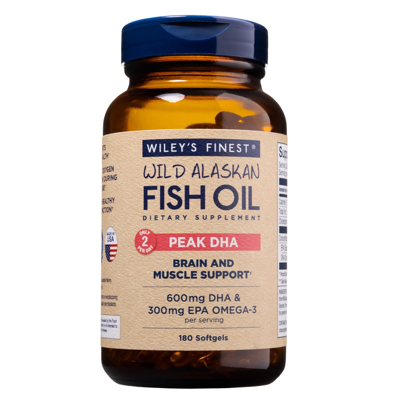 Wiley's Finest Wild Alaskan Fish Oil Peak DHA, 180 Count (Pack of 1) | Wild Alaskan Fish Oil, Peak DHA Softgels, 300 mg EPA and 600 mg DHA Omega-3s, Brain & Muscle Support, Only 2 Per Day 180 Count (Pack of 1)