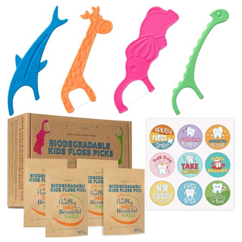 Biodegradable Kids Flossers -200 Pack, Natural Kids Floss Picks, Fluoride Free, Biodegradable Floss Pick, Organic Animal Dental Floss Picks, Dental Floss Sticks - 4 Fun Animal Designs Multicolor 50 Count (Pack of 4)