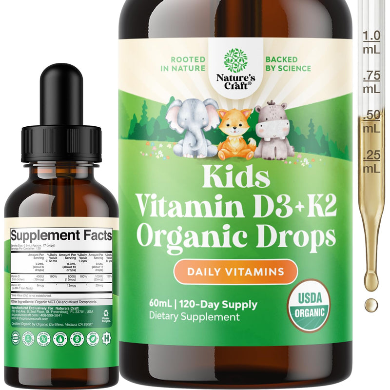 Vitamin D3 K2 Drops - Healthy Bone & Immune Support - Non GMO, Vegan -2FlOz | Vitamin D3 K2 1000iu Per Serving - Healthy Growth and Muscle Support - Infants, Babies and Toddlers - 120 Servings -Pack of 1 Kids 2 Fl Oz (Pack of 1)