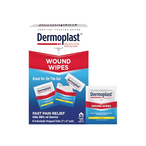 Dermoplast Wound Wipes, Antiseptic First Aid Cloths, 10 Count 3-in-1 First Aid Cloths