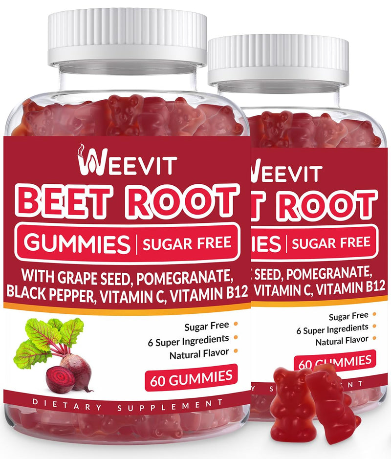 WEEVIT Beet Root Gummies, Nitric Oxide Supplement for Men Women, Beet Chews | Grape Seed, Pomegranate, Black Pepper, Vitamin C, B12 60 Count (Pack of 2)