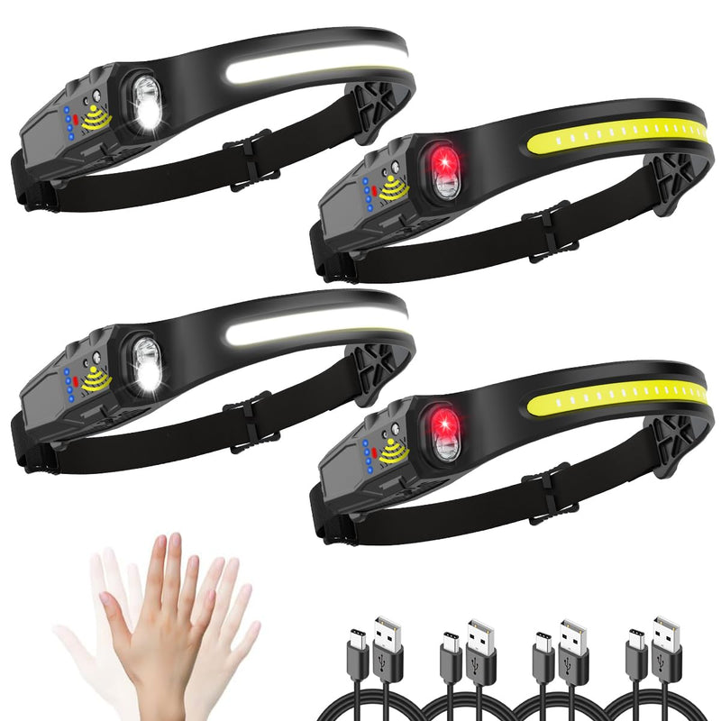 Headlamp Rechargeable 4Pack, 230° Wide Beam Head Lamp, LED Headlamp with Motion Sensor, 7Mode Head Lights for Forehead, Bright Headlamps for Adults, Red Light Headlight, Hard Hat Light, Camping Gear