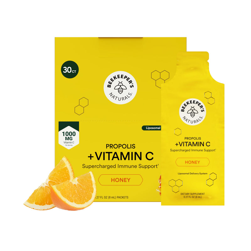 Beekeeper's Naturals Liposomal Vitamin C (1000mg) + Propolis Packets, 30 Ct | Propolis & Organic Honey, Supercharged Immune Support, Increased Bioavailability, Max Absorption Adult 30 Packets
