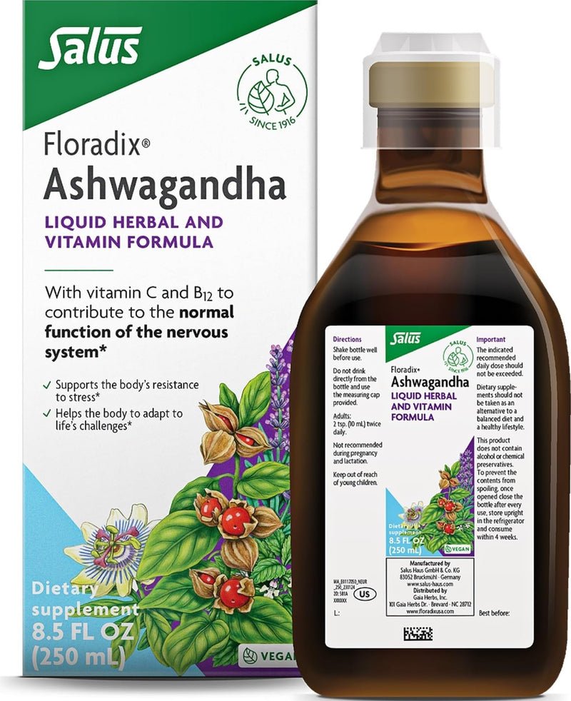 Floradix Ashwagandha Liquid Herbal & Vitamin Formula, Vegan, 8.5 fl oz | Herbal Supplement with Ashwagandha Extract, Vitamin C, B12 & More for Stress Support, Gentle to Digest*, Vegan & Non-GMO 8.5 Fl Oz (Pack of 1)