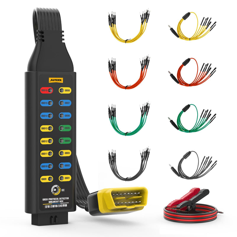 AUTOOL OBD II Protocol Detector Breakout Box – 16-Pin Diagnostic Tool with Ground, Power & Protocol Circuit Detection with Jumper and Clips 1008