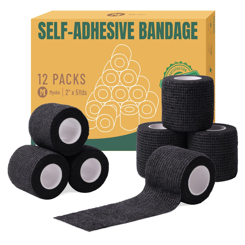 (12 Pack 2" x 5 Yards) Self Adhesive Bandage Wrap, Elastic Adhesive Bandages for Medical, First Aid, Sports, Athletic, Vet, Horse and Dog Black. - BeesActive Australia