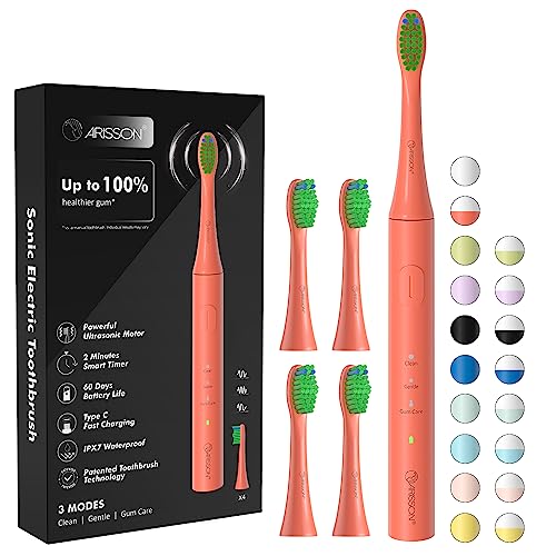 ARISSON Sonic Electric Toothbrush for Adults and Kids, 40,000 VPM Power Toothbrush, 1.5H Fast Charge Ultrasonic Electric Toothbrushes with 2 Minutes Smart Timer, 1.6 Oz Travel Toothbrush, Peach Orange 1 Count (Pack of 1)
