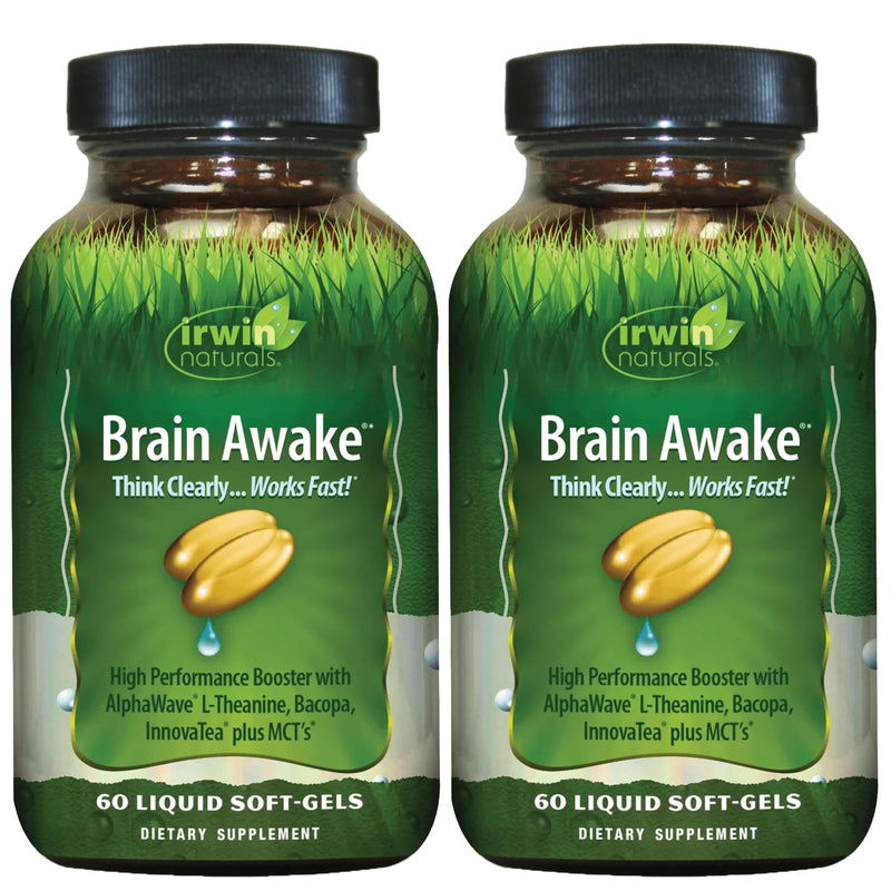 Irwin Naturals Brain Awake - 60 Liquid Softgels, Pack of 2 - Enhanced Mental Performance, Increased Focus, Clarity & Concentration - Nootropic Booster with L-Theanine, Bacopa, MCTs | Focus & Mental Clarity Support | Supports Cognitive Performance | Bal...