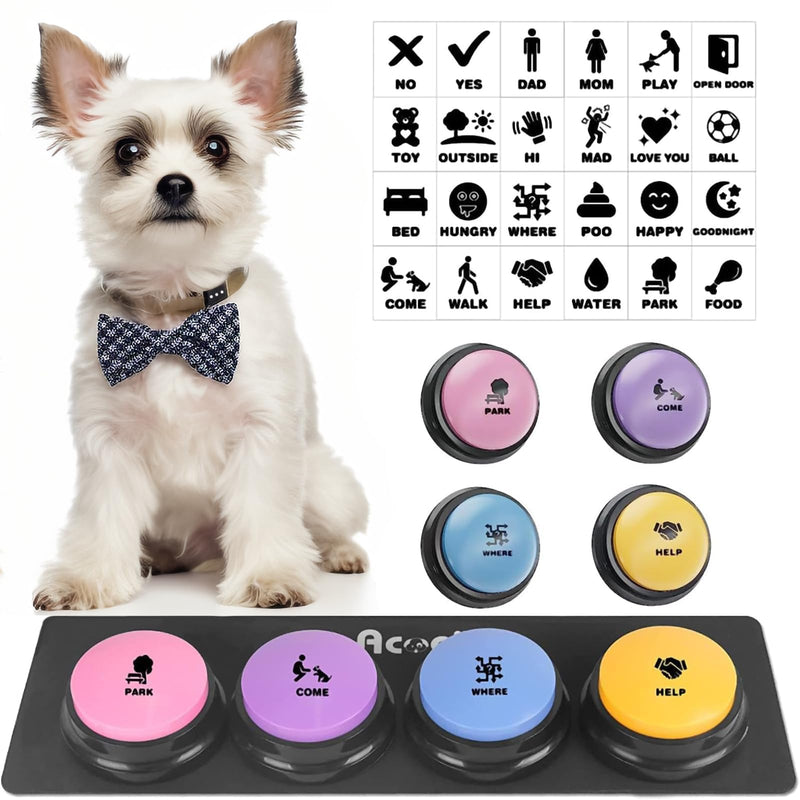 Dog Buttons for Communication, 4 Dog Talking Button Set, Speaking Buttons for Cats and Dogs, 30s Voice Recordable Pet Training Buzzer with Waterproof Dog Activity Mat and 24 Scene Stickers 4Pack - BeesActive Australia