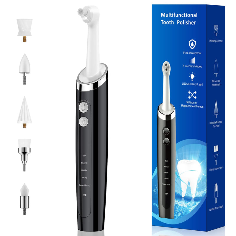Tooth Polisher, Rechargeable Teeth Polisher for Daily Cleaning, Whitening and Polishing, Electric Dental Teeth Polishing with LED Light, 5 Brush Heads, 5 Speed Modes, Waterproof 1 Count (Pack of 1) White