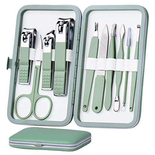 HANTEKAS Manicure Set 10 in 1 Stainless Steel, Nail Clippers Scissors Pedicure Tools Kit - Portable Travel Grooming Kit for Men and Women with Leather Case (Jade Green) Jade Green