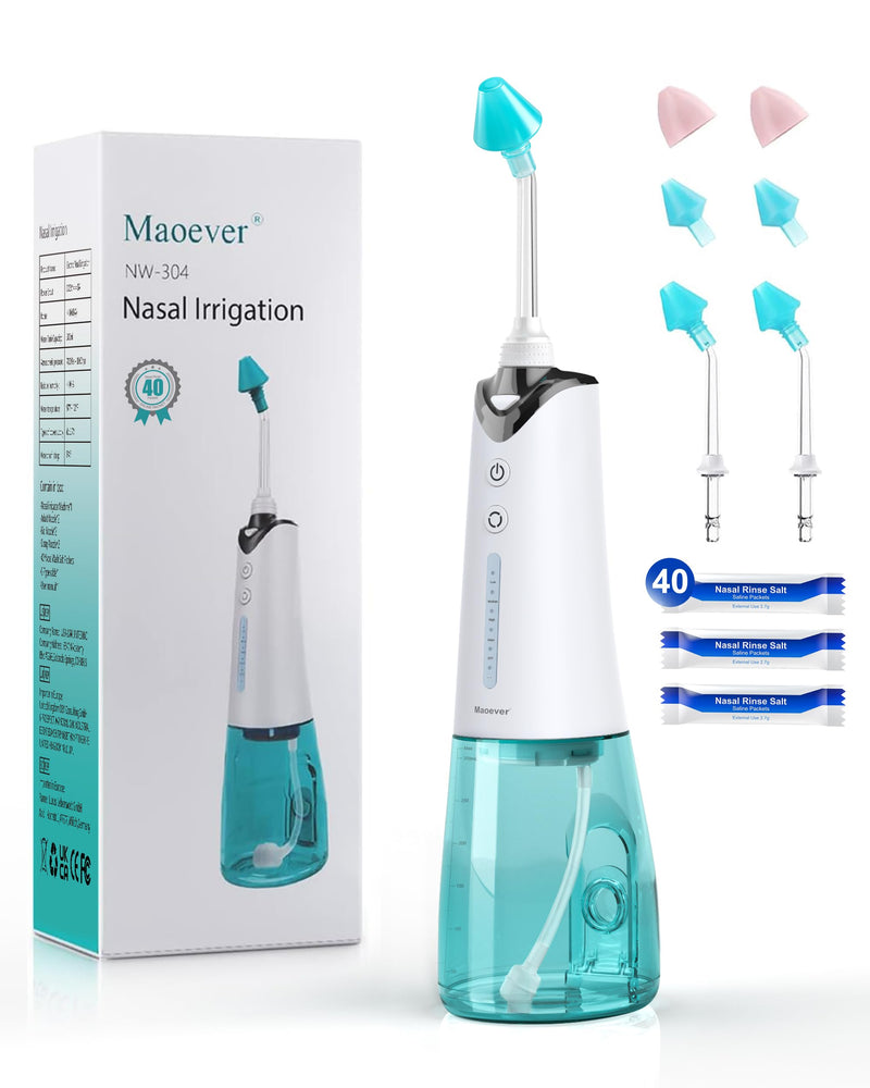 Nasal Irrigation System, Cordless Nasal Rinse Machine for Sinus Relief & Nasal Care, Electric Neti Pot with 6 Tips and 40 Salt Packs Nasal Irrigation Sinus Rinse System Kit for Adult & Kid 300 - BeesActive Australia