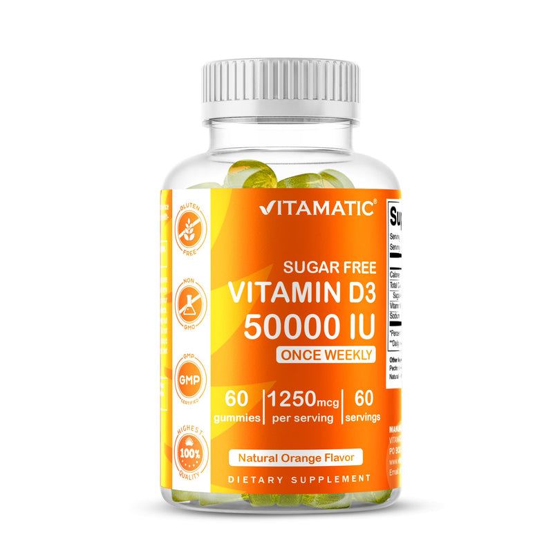 Vitamatic Vitamin D3 50,000 IU, 60 Natural Orange Flavor Gummies | 1250 mcg Cholecalciferol, Once Weekly Serving, Gluten Free, Non GMO 60 Count (Pack of 1)
