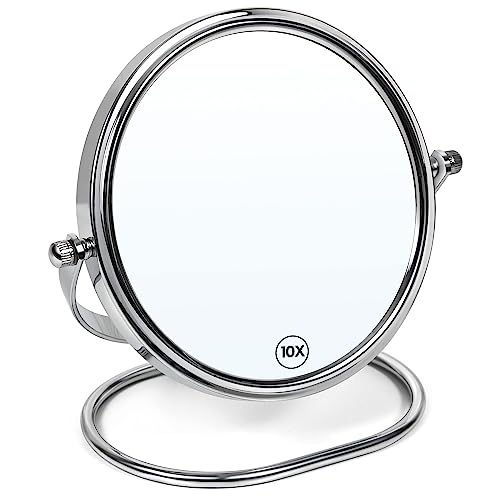 Portable Folding Travel Makeup Mirror,1X/10X Magnifying Vanity Mirror,6” Double-Sided 360° Swivel,Handheld & Wall Hanging Metal Mirror for Home and On-the-Go Use,Travel Storage Bag Included,No Light Silver-6in-10x