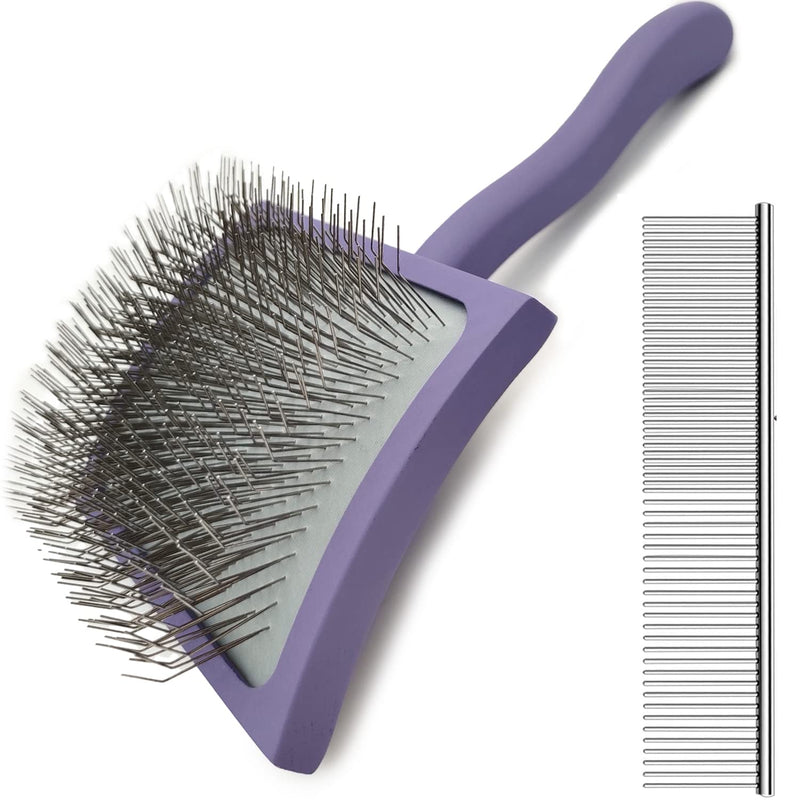 Slicker Brush for Dogs & Pet Comb Value Kit,Large Dog Slicker Brush for Goldendoodles Poodles Doodle with Ergonomic Solid Wooden Handle Best Extra Long Pin Dog Grooming Brush Haired Dogs (purple) purple - BeesActive Australia