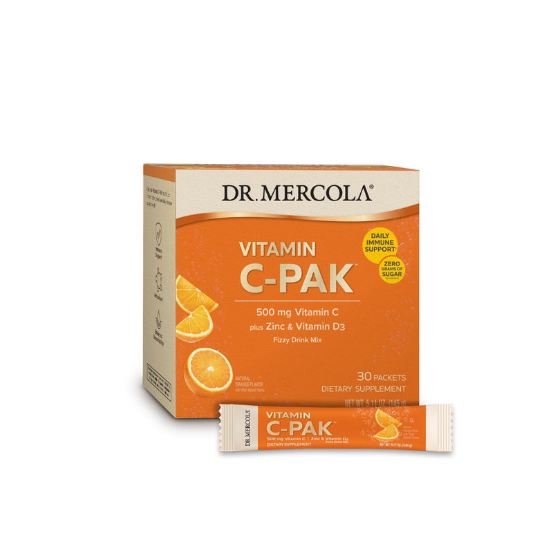 Dr. Mercola Vitamin C-PAK, Orange Flavor, 30 Packets (30 Servings) | Daily Immune Support, Contains Vitamin C, Vitamin D3, and Zinc, Fast-Acting Antioxidant Powder, Fizzy Drink Mix