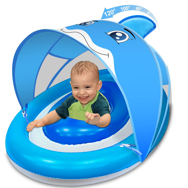 Dolphin Baby Float with Canopy for Age 6-36 Months UPF 50+ Sun Protection Never Flip Over Dual Air Chambers Adjustable Safety Seat 4 Stage Adjustable Canopy Inflatable Swim Pool Float Toddler Infant blue