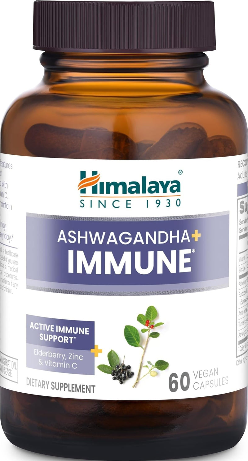 Himalaya Ashwagandha + Immune Herbal Supplement, 960 mg, 60 Capsules | Herbal Immune Support Supplement with Vitamin C, Zinc, Elderberry & Amla for Immunity - Vegan, Non-GMO, Gluten Free Ashwagandha+ Immune
