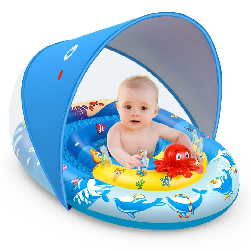 EZIGO Baby Pool Float with Canopy UPF50+ Sun Protection, Inflatable Kids Pool Floats with Ocean Animal Toys for Baby 6-36 Months, Infant Swimming Float with Adjustable Safety Seat for Boys Girls blue - BeesActive Australia
