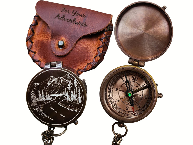Mountain and Road Engraved Working Handmade Antiqued Brass Compass Gift for Men with ''for Your Adventures'' Stamped Leather Case - BeesActive Australia