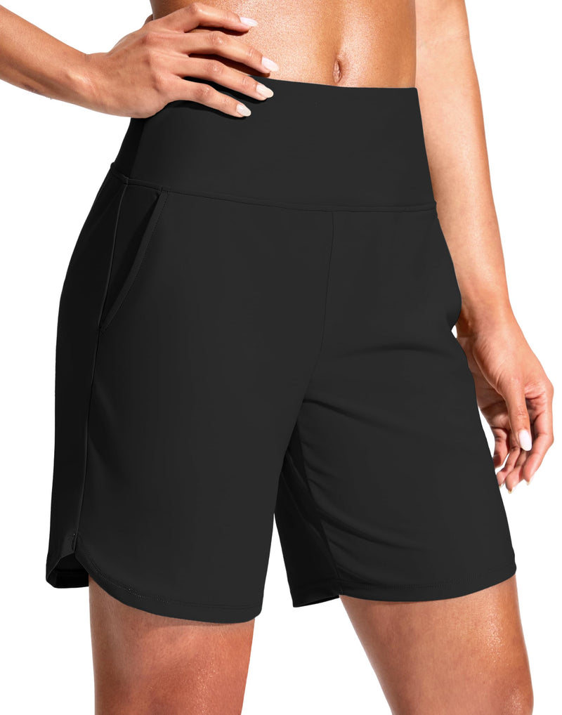 G Gradual Women's 7" Quick Dry Swim Board Shorts Swimming Bottoms High Waisted Beach Shorts for Women with Liner Pockets Large Black - BeesActive Australia