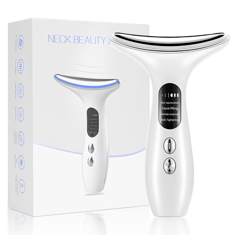 Aikertec Neck Face Massager, Electric Face and Neck Lifting Face Contouring Tool With 3 Colors of LED, Heating and Vibrating Skin Rejuvenating Beauty Device to Lift and Tighten Sagging Skin White - BeesActive Australia