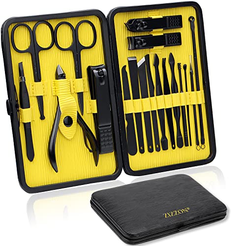 ZIZZON Manicure Set 18 in 1 Professional Pedicure Set Nail scissors Grooming Kit with Leather Travel Case (Black/Yellow) Black Yellow