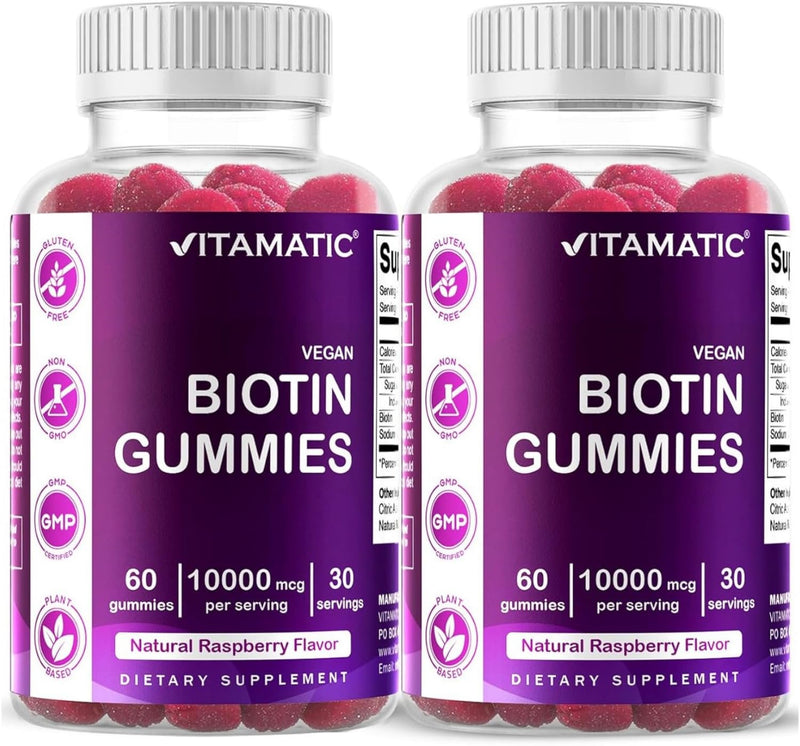 Vitamatic Biotin 10,000 mcg, 60 Vegan Gummies, Raspberry Flavor-2 Pack | 10000 mcg Per Serving, Natural Raspberry Flavor, Pectin Based, Non-GMO, Gluten Free, GMP Certified 2 Bottles