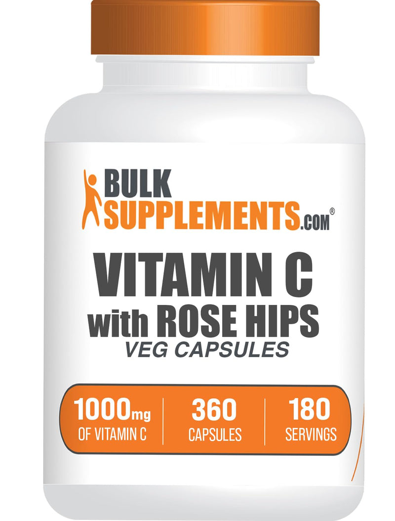 BulkSupplements.com Vitamin C with Rose Hips Capsules - Ascorbic Acid Supplemnet, Rose Hips for Immune Support - Vegan, 2 Capsules per Serving (1000mg), 360 Count (Pack of 1) 360 Count (Pack of 1)