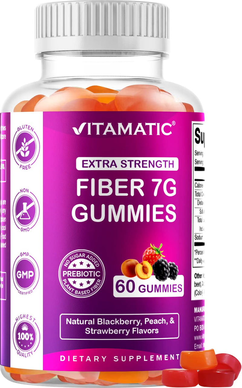 Vitamatic Prebiotic Fiber Gummies for Adults - 7G Fiber Extra Strength - Zero Sugar Added - 60 Pectin Based Gummies - Digestive Health & Regularity Support 60 Count (Pack of 1) - BeesActive Australia