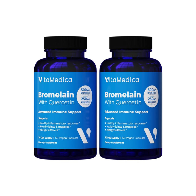 VitaMedica Bromelain & Quercetin Supplement - 500mg Bromelain 250mg Quercetin - 2400 GDU for Immunity, Joint Support, Inflammation and Muscle Recovery - 60 Vegan Capsules - 30 Servings (2 Pack) 60 Count (Pack of 2)