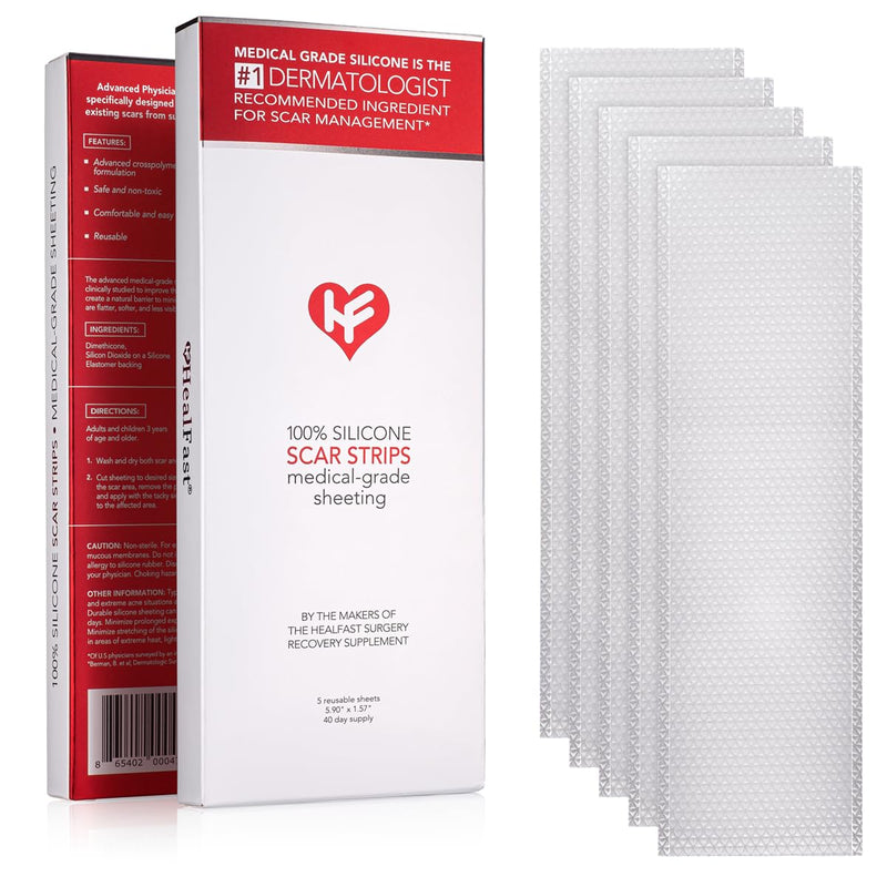 HealFast Physician Formulated Silicone Scar Sheets - Advanced Crosspolymer Medical Grade Silicone Scar Strips for Surgery, C Section, Keloids & Hypertrophic Scars - Silicone Tape For Scars (5 Sheets)