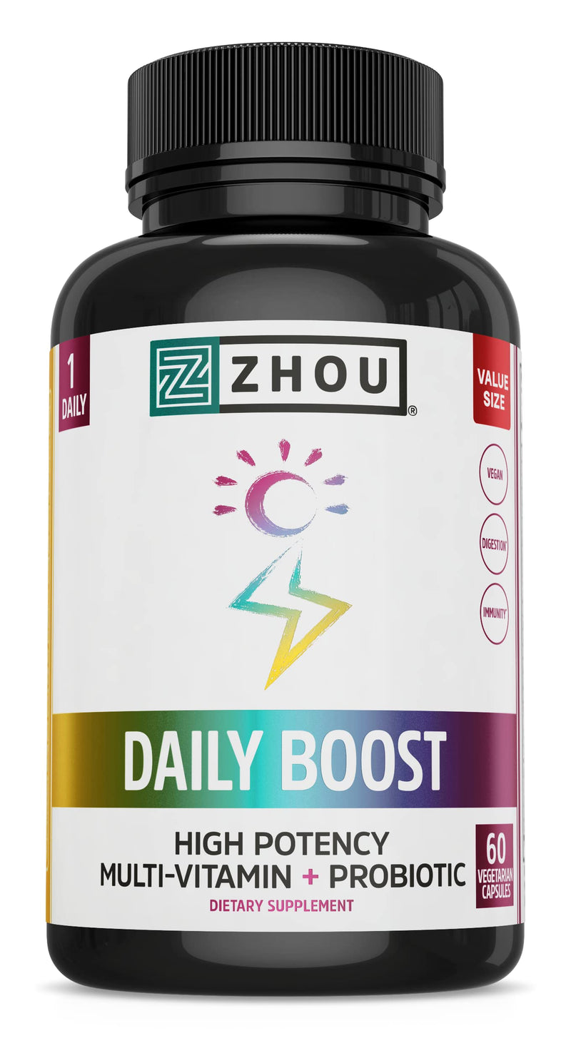 Zhou Daily Boost - Immune Support, Vitamin C - 30 Veggie Capsules | Probiotic Multivitamin for Women & Men, Antioxidant & Eye Health Supplement with Vitamin A, Biotin & Folate for Adults 60 Count (Pack of 1)