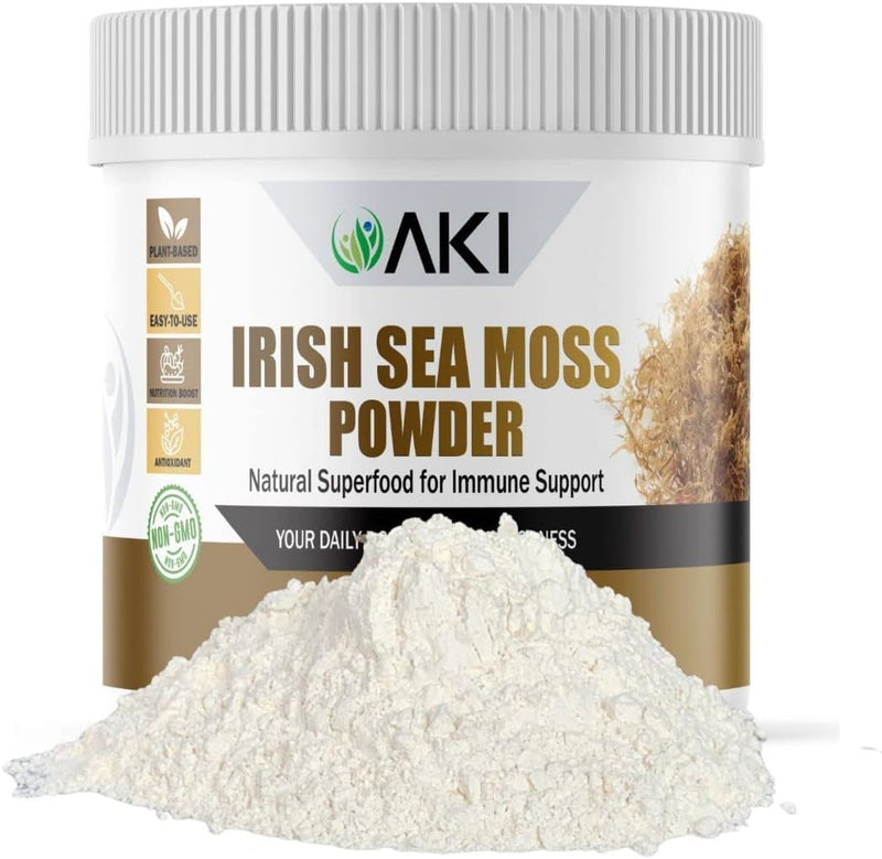 AKI Irish Sea Moss Powder - Rich in 92 Essential Minerals & Vitamins, Including Iodine, Potassium & Magnesium - Ideal for Smoothies & Juices - 100% Vegan, Non-GMO & Supports Wellness (6 Oz/170g)