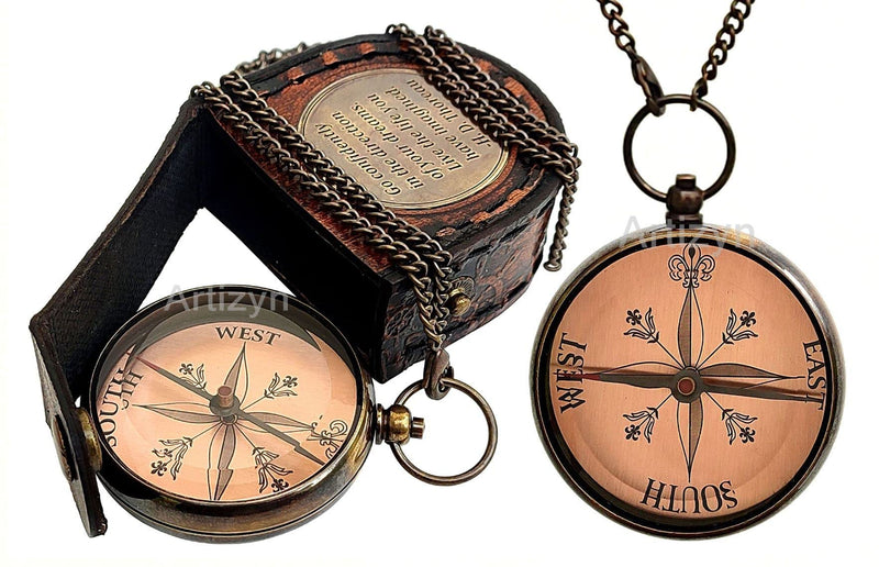 Thoreau's Go Confidently Quote Engraved Brass Compass with 25 Inches Long Chain & Leather case, Copper Dial Compass Locket Compass Camping Compass, Boating Compass, Gift Compass, Graduation Day Gifts - BeesActive Australia