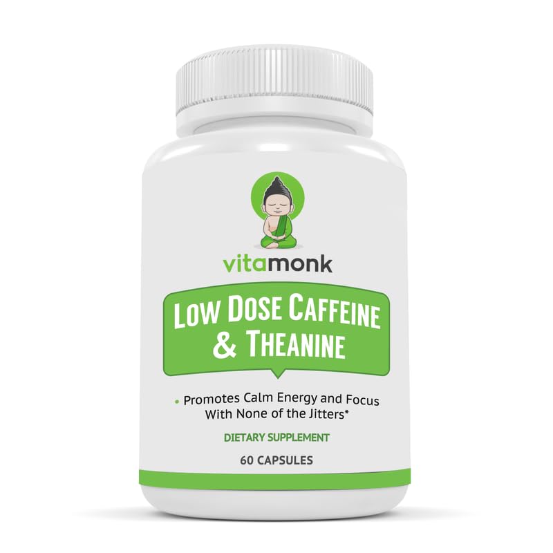 VitaMonk Low Dose Caffeine and Theanine - L Theanine Caffeine Pills - Microdose of L-theanine Caffeine Capsules - Time Release Caffeine Supplements - Caffeine L Theanine Pills - No Jitters - 60 Caps - BeesActive Australia