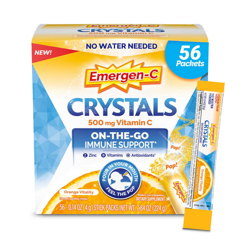 Emergen-C Crystals, On-The-Go Immune Support Supplement with Vitamin C, B Vitamins, Zinc and Manganese, Orange Vitality - 56 Stick Packs - BeesActive Australia