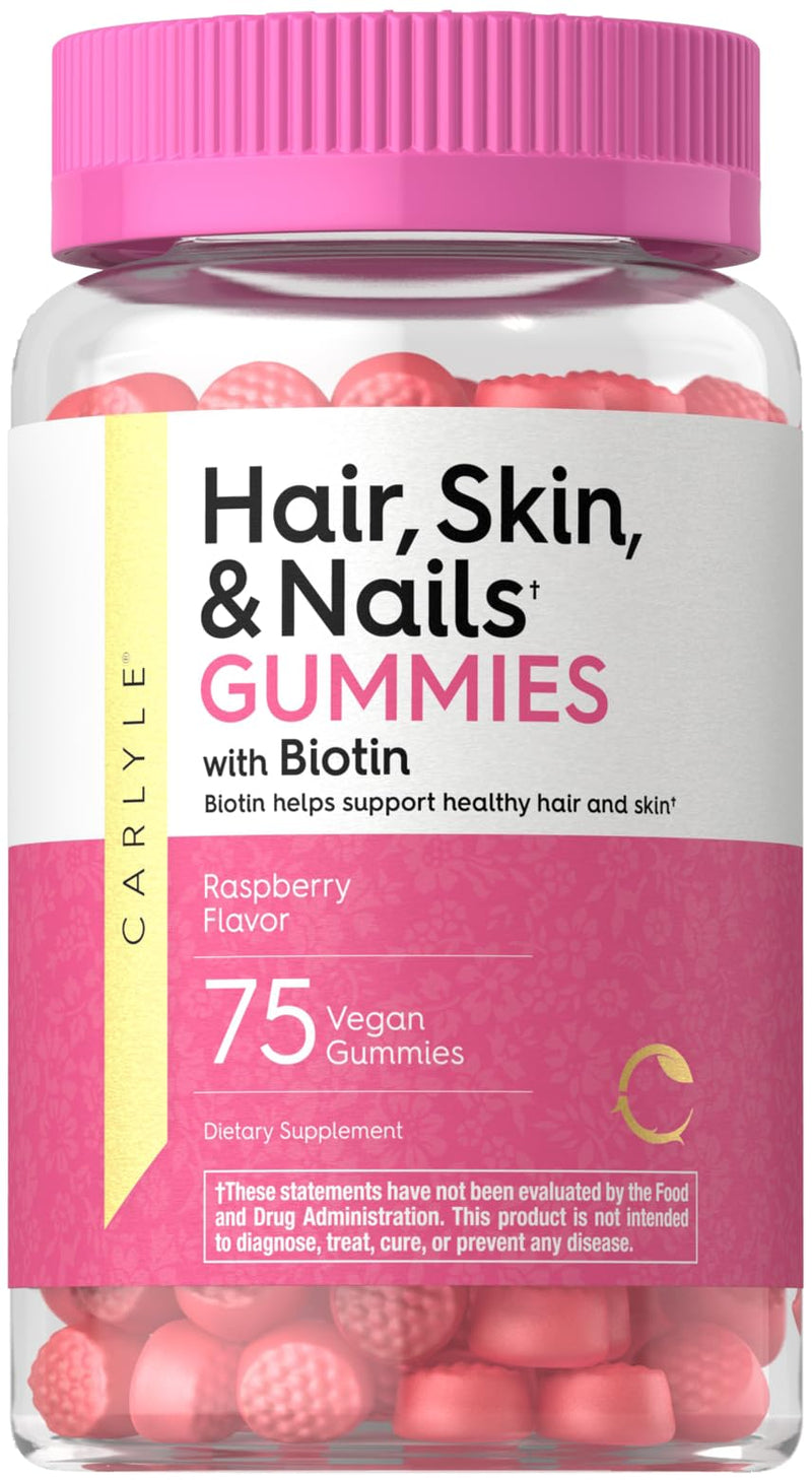 Carlyle Hair Skin and Nails with Biotin 2500mcg | 75 Gummies | Beauty Formula with Vitamin C & E | Raspberry Flavor | Non-GMO, Gluten Free Supplement