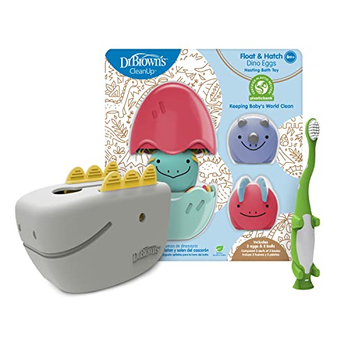 Dr. Brown's Baby and Toddler Toothbrush, Green Dinosaur 1-Pack 1-4 Years, CleanUp Float & Hatch Dino Eggs Bath Toy, 6m+, Dino-Soft Baby Bath Spout Cover, BPA Free, Certified Plastic Neutral Small