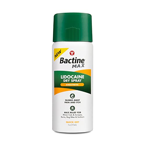 Bactine MAX Dry Spray for Pain Relief with 4% Lidocaine - Numbing Lidocaine Spray with Cooling First Aid - Pain + Itch Relief For Minor Cuts & Scrapes, Burns, Bug Bites, Sunburns & Postpartum Care - 4 4 Ounce (Pack of 1)