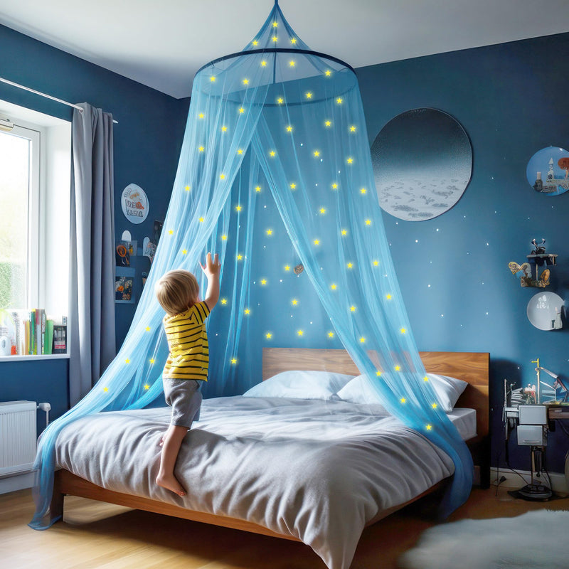 Blue Canopy for Girls Bed with Pre-Glued Glow in The Dark Stars - Princess Mosquito Net Room Decor - Kids & Baby Bedroom Tent with Galaxy Lights - 1 Opening Canopy Bed & Hanging Kit Included Stars Yellow - Blue Netting - BeesActive Australia