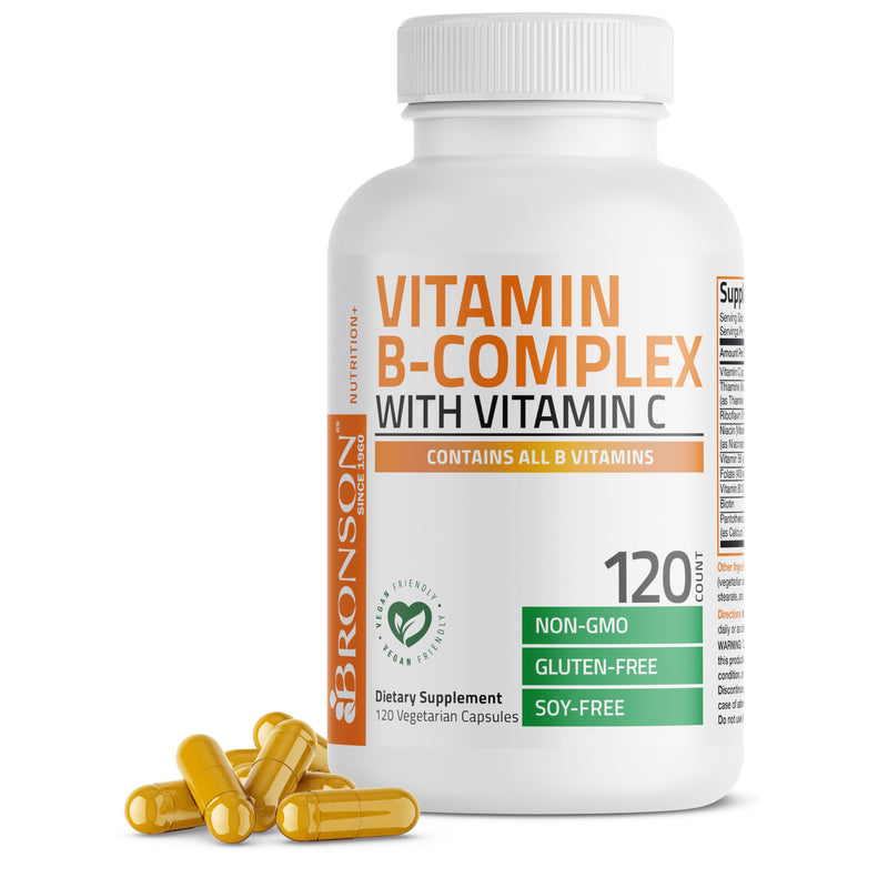 Bronson Vitamin B Complex with Vitamin C Vegetarian Capsules, 120 Count | Immune Health, Energy Support, Nervous System Support, Non-GMO, Soy-Free, Gluten-Free, Contains All B Vitamins Unflavored 120 Count (Pack of 1)