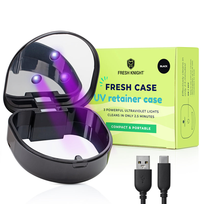 FRESH KNIGHT UV Retainer Case | UVC Retainer Cleaner, Disinfects Cleans and Removes Odors, Mouth Guard Case, compatible for Invisalign Container (Black-UV) Black UV 1 Box