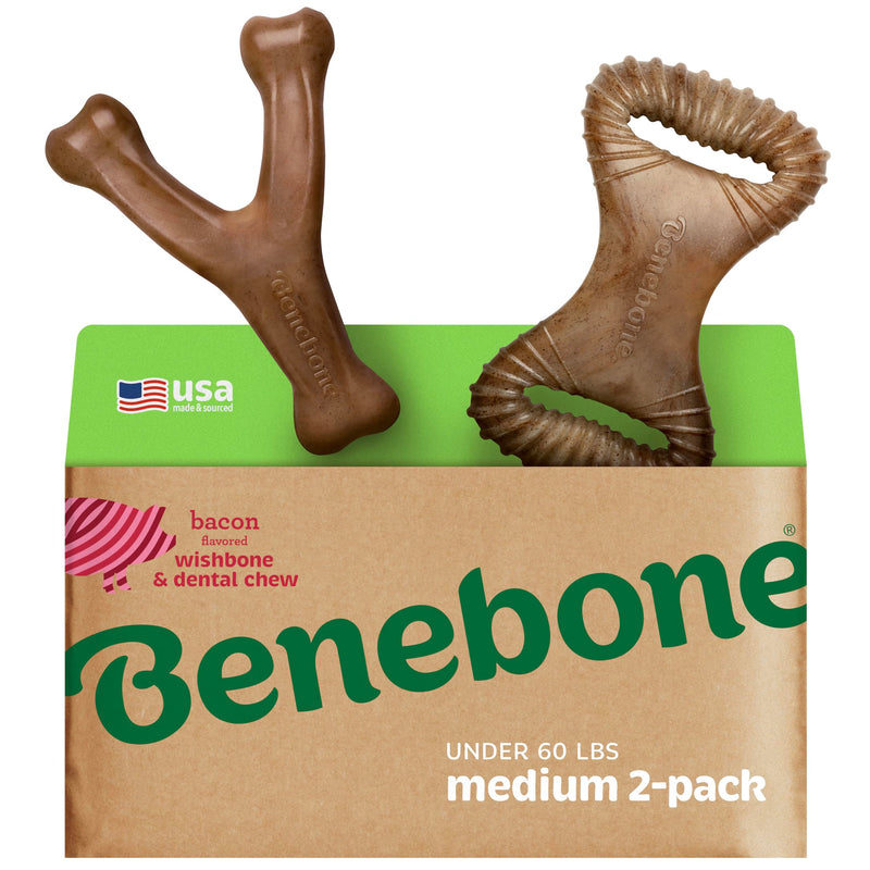 Benebone 2-pack Wishbone/Dental Durable Dog Chew Toys, Dog Toys for Aggressive Chewers, Real Bacon, Made in USA, Medium - BeesActive Australia