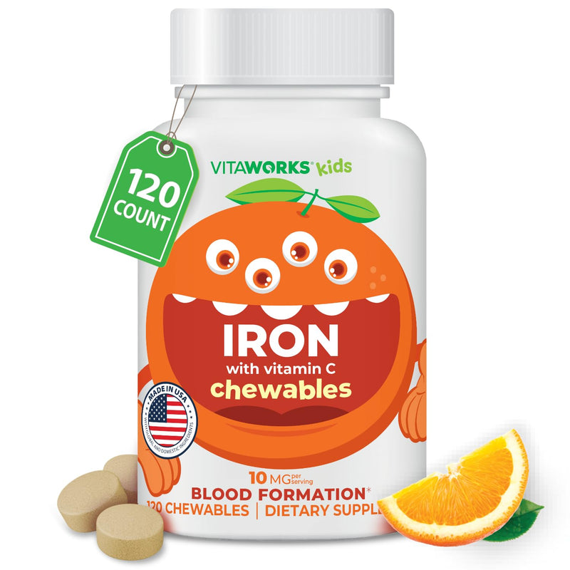 VitaWorks Iron Supplements for Kids Chewable Tablets with Vitamin C, 10mg Ferrous Fumarate, Orange Flavor, Non-GMO, Vegan, Gluten Free and Nut Free, Blood Formation for Children, 120 Chewables