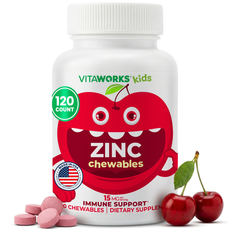 VitaWorks Kids Zinc 15mg Chewable Tablets - Natural Cherry Flavor - Vegan, Vegetarian, GMO-Free, Gluten Free, Nut Free Vitamins - Dietary Supplement for Immune Support - for Children - 120 Chewables