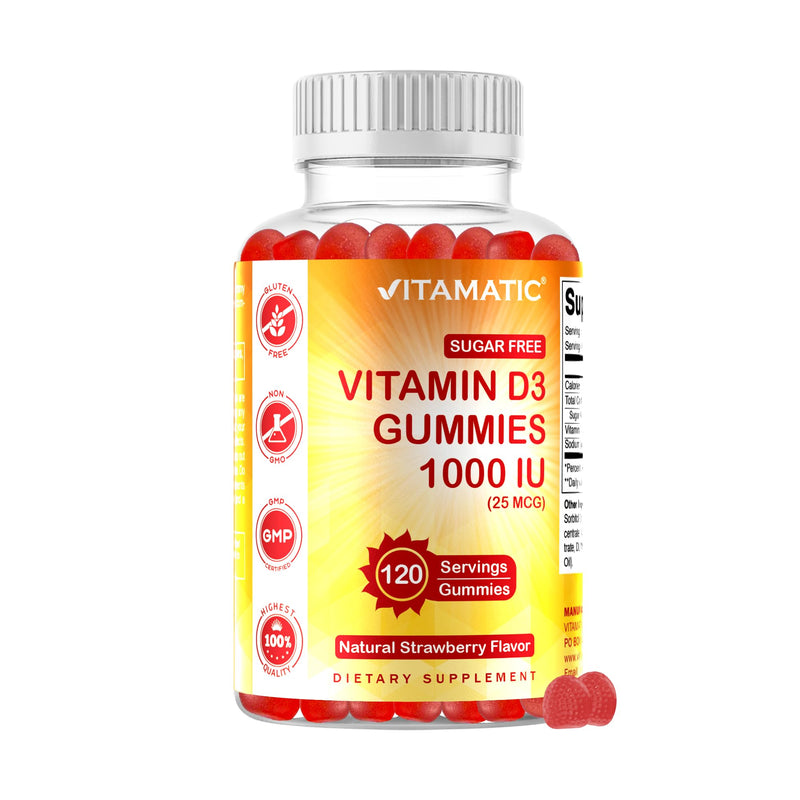 Vitamatic Sugar Free Vitamin D3-120 Pectin Based Gummies - Great Taste - Healthy Bones, Mood & Immune System Function - Non-GMO - 120 Servings (1000 IU) | Natural Strawberry Flavor, Sugar Free, Non GMO, Gluten Free 1000 IU