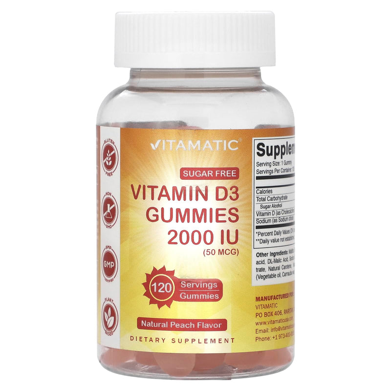 Vitamatic Sugar Free Vitamin D3 2000 IU - 120 Pectin Based Gummies - Great Taste - Healthy Bones, Mood & Immune System Function - Non-GMO - 120 Servings | Natural Peach Flavor, Gluten Free, Non-GMO