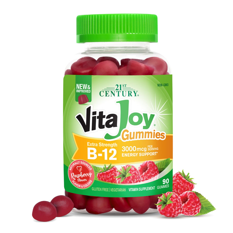 21st Century Extra Strength Vitamin B12 Gummies 3000mcg, Raspberry, 90ct | Extra-Strength Vitamin B12 3000 mcg Gummies, Energy & Nerve Support, Vegan & Gluten Free, A Delicious High-Potency B12 Gummy